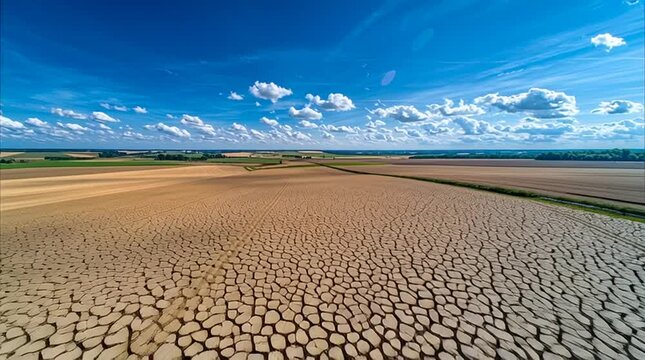 La s&eacute;cheresse vue du ciel avec des champs craquel&eacute;s sous un ciel bleu