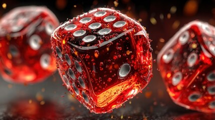 Red, glossy dice with water droplets, in motion, against a dark background