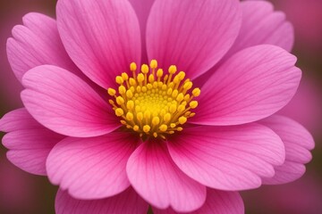 Obraz premium A close-up of a vibrant pink daisy with yellow stamens in full bloom, showcasing its delicate petals and vivid colors against a blurred backdrop