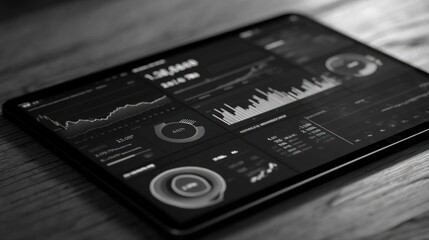 Photo of a grayscale image showcases a tablet displaying intricate data analytics and financial information, highlighting the importance of technology in modern business strategies