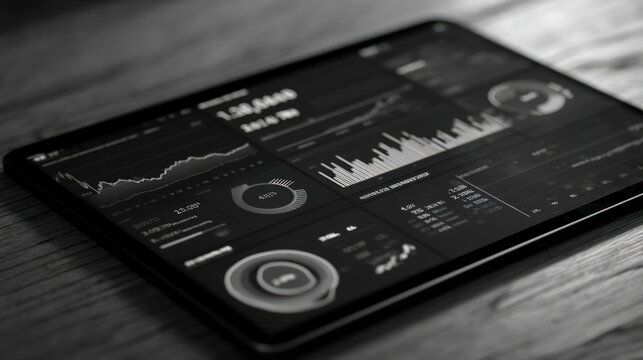 Photo of a grayscale image showcases a tablet displaying intricate data analytics and financial information, highlighting the importance of technology in modern business strategies