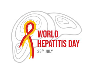 World Hepatitis Day - Text and Red yellow ribbon sign with white pin on line liver layers texture background vector design