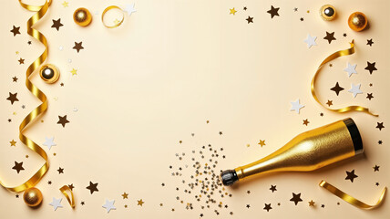 A festive scene with a gold bottle surrounded by confetti and streamers.