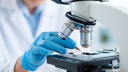 Close up of a scientist wearing blue gloves adjusting a sample on a microscope stage