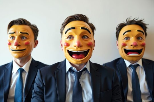 Business Executives Unveiling Hidden Emotions Through Silly Masks