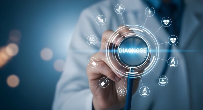 Doctor using stethoscope with digital interface displaying medical icons and the word diagnose