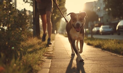 Photo of a happy dog is running on the sidewalk with its owner on a sunny day in the city