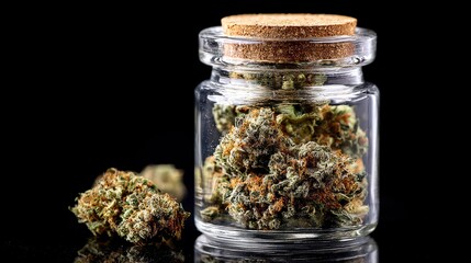 Marijuana buds fill a glass jar with a cork lid set against a dark background