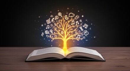 Glowing tree of knowledge with icons on open book