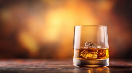 Glass of whiskey with ice cubes against a warm, glowing backdrop