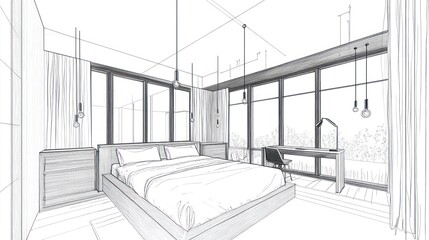 Interior sketch of a modern bedroom with large windows.