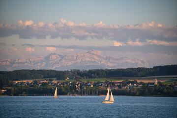 Bodensee, Sommer am Wasser mit Blick zu den Alpen mit S&auml;ntis