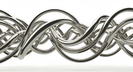 Multiple polished metallic tubes intricately intertwined and curving across a stark white background