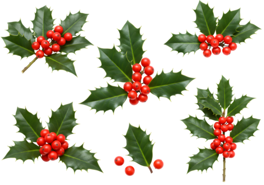 Illustration of Red Berries with Green Holly Leaves Isolated on Black