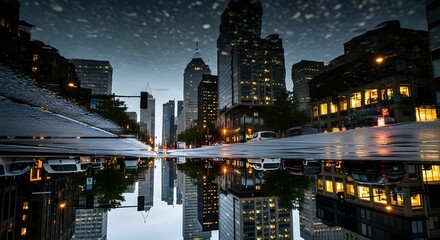 Fototapeta premium Cityscape at Night with Reflections of Tall Skyscrapers and Street Lights on Wet Pavement, Creating a Stunning Urban Scene