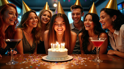 A celebratory gathering with a birthday cake and drinks.