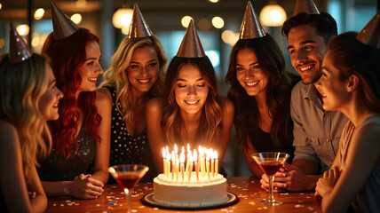 Birthday celebration with friends and cake lighting.