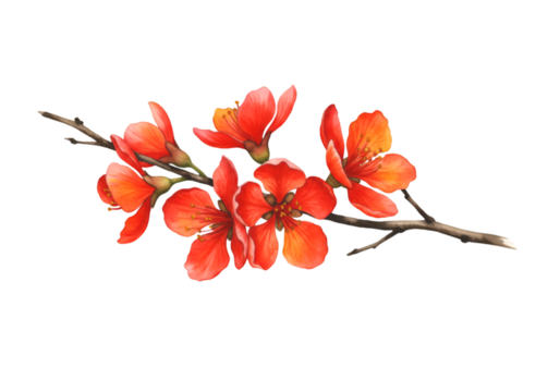 Illustration of Red Flower Blossom on Branch Transparent Floral Design