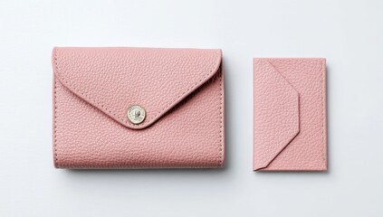 Two pink leather wallets, one larger than the other, on white background