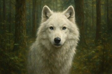 Obraz premium A lone white wolf stands guard in the heart of a verdant forest, its piercing gaze reflecting the mysteries of nature
