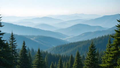 Fototapeta premium A breathtaking panoramic view of lush green pine forests stretching across rolling mountain ranges