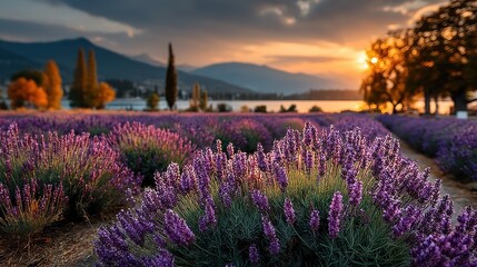 Lavender fields in full bloom at sunset with mountain backdrop and countryside village in autumn colors Generative AI