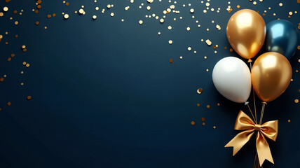 Golden balloons and confetti adorn a deep blue background.