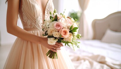 Eternal Romance: A bride's gentle embrace of a delicate floral bouquet, set against the serene backdrop of a tastefully decorated room, encapsulating the essence of matrimonial bliss.