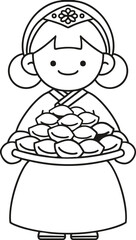 A line drawing of a girl in hanbok holding songpyeon