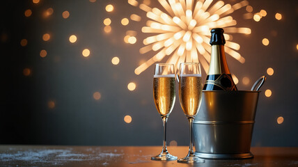 Two elegant champagne flutes, a bottle, and a bucket in a festive setting.