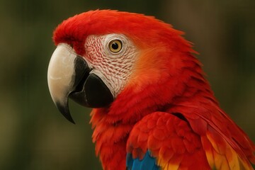 Obraz premium Portrait of a vibrant red parrot with striking blue feathers against a blurred green backdrop