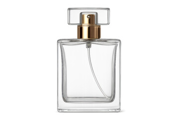 Elegant glass perfume bottle with a gold cap, isolated on a transparent background, ready for your product placement