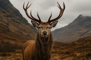 Fototapeta premium A majestic red deer stands proudly against a backdrop of rugged mountains under an overcast sky