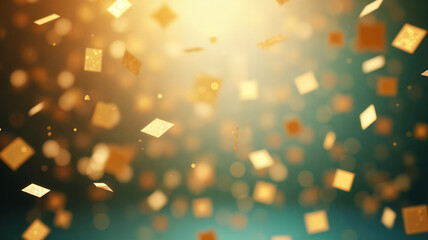 Golden confetti dances against a luminous simmering backdrop.