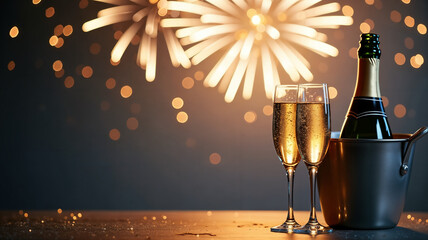 Champagne glasses and bottle in front of festive fireworks backdrop.
