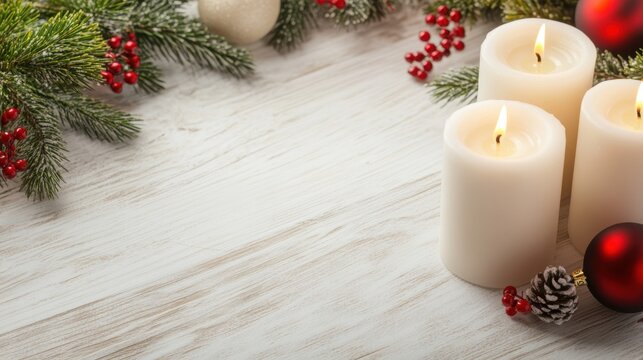 Candles and festive decorations create a cozy holiday atmosphere
