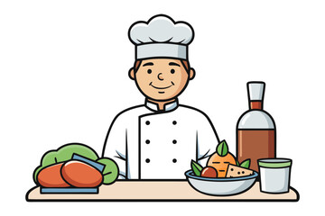 Friendly cartoon chef in uniform presents a delicious assortment of fresh food and beverages