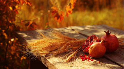 Fototapeta premium Golden wheat sheaves and ripe pomegranates on a rustic table, illuminated by amber light, evoking harvest serenity.