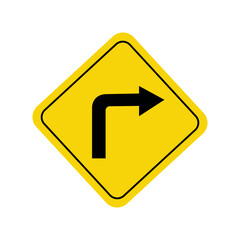 yellow diamond warning sign with black right turn arrow, indicating road direction caution