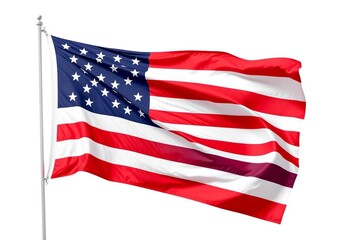 Obraz premium Isolated US flag waving gently on white background, ample copy space, waving, stripes