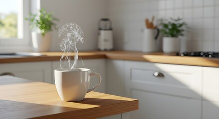 Obraz premium A steaming mug of coffee sits on a wooden countertop in a bright, modern kitchen with white cabinets and potted plants.