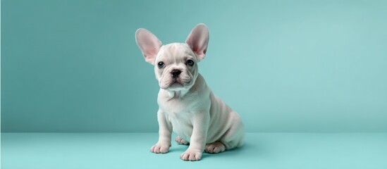 Photo of a charming white french bulldog puppy sits attentively, isolated on a blue background, showcasing its adorable features