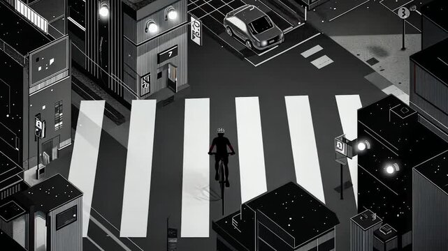 Cityscape at night, grayscale, isometric view