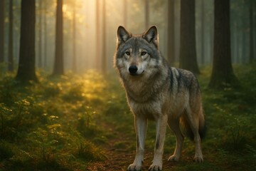 Fototapeta premium A Wolf's Journey Through the Dawn Light