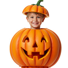 Smiling Boy In Pumpkin Costume Celebrate Halloween Isolated PNG