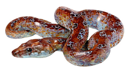 Obraz premium A coiled brown snake with speckled patterns is isolated on a white background showing its scales and unique coloration making it a striking reptile.