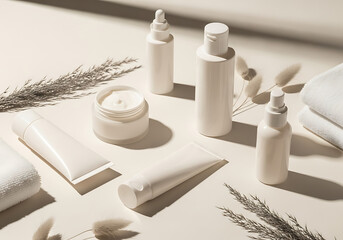 Naklejka premium Minimalist Skincare Still Life Beige Tones and Natural Accents for a Spa-Like Aesthetic in Beauty Photography
