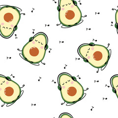 Seamless vector pattern. Cute avocado doing yoga and meditating to music with headphones. Vector illustration