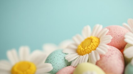 Colorful Easter eggs and daisies create a festive spring display