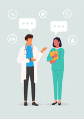 Male doctor talking with a female nurse stock illustration